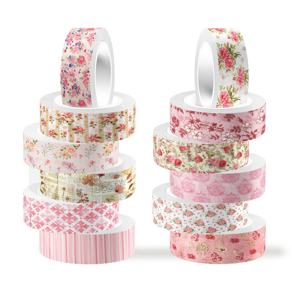 A set of twelve rolls of retro floral washi tape in various pink and green patterns for crafting.