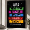 A black wall poster featuring a stylized illustration of Spike Spiegel from Cowboy Bebop with vibrant green and purple accent