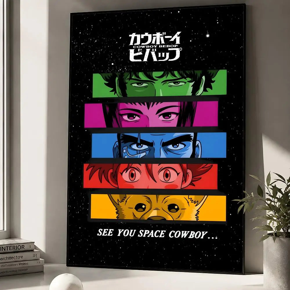 A black wall poster featuring a stylized illustration of Spike Spiegel from Cowboy Bebop with vibrant green and purple accent