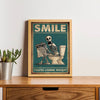 A framed canvas print featuring a vintage illustration of a skeleton squatting on a toilet with the text You're losing weight
