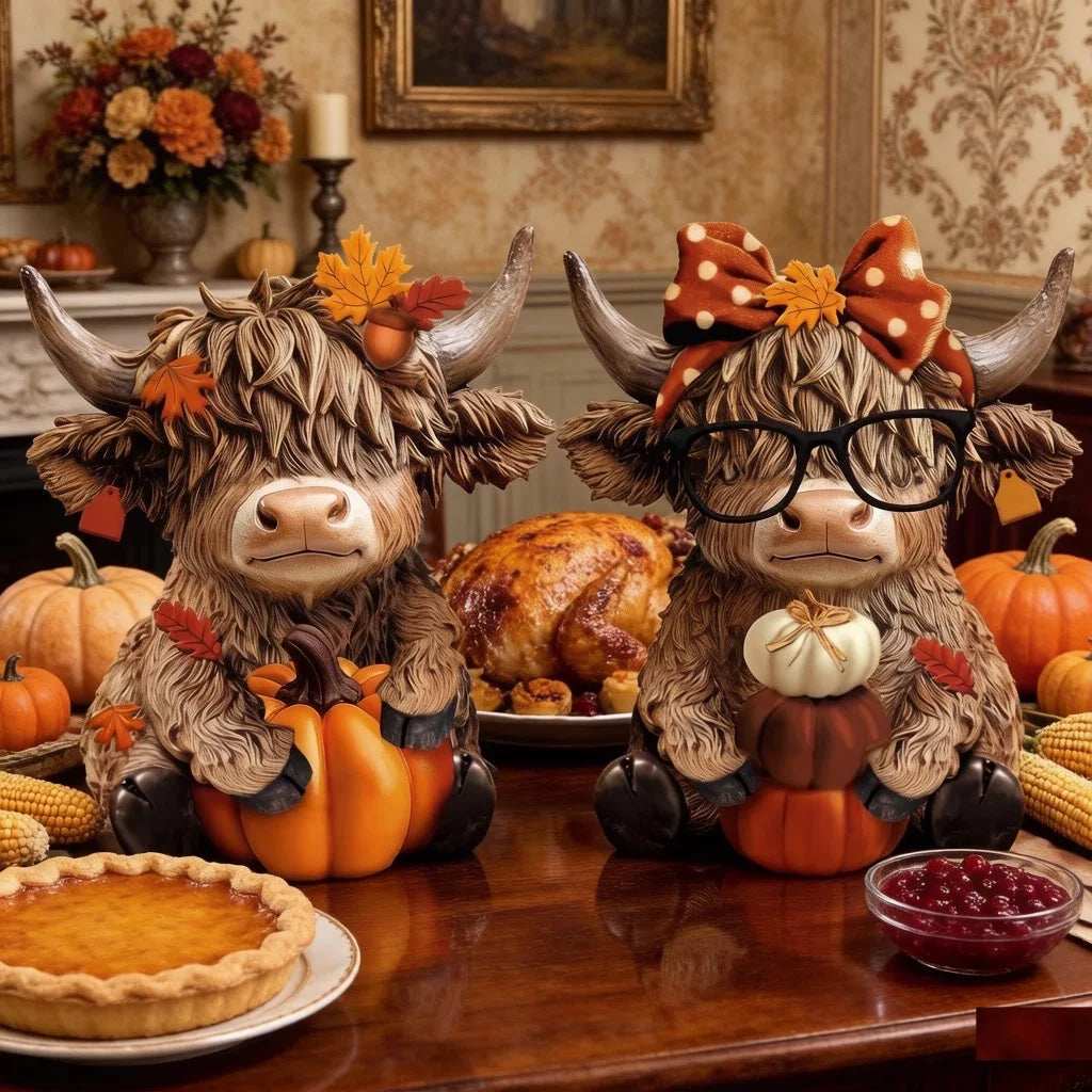 A set of two rustic wooden Highland cow figurines decorated with autumn leaves and pumpkins on a wooden table.