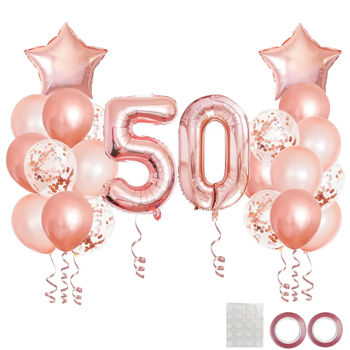 A collection of rose gold foil balloons including star shapes and numbers for a 50th birthday party decor
