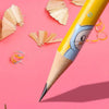 A yellow pencil with a cartoon owl design and eraser tops rests on a pink background.