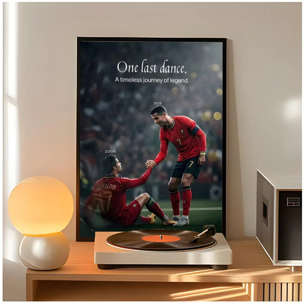 A framed poster featuring Cristiano Ronaldo with the text One last dance. A timeless journey of legend.