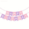 A decorative banner with pink and purple pennants strung across a line.