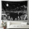 A black tapestry depicting a starry night landscape with mountains, water, and trees in white and gray.