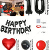 A set of red and black foil number balloons, heart shaped balloons, and round balloons for birthday decorations.