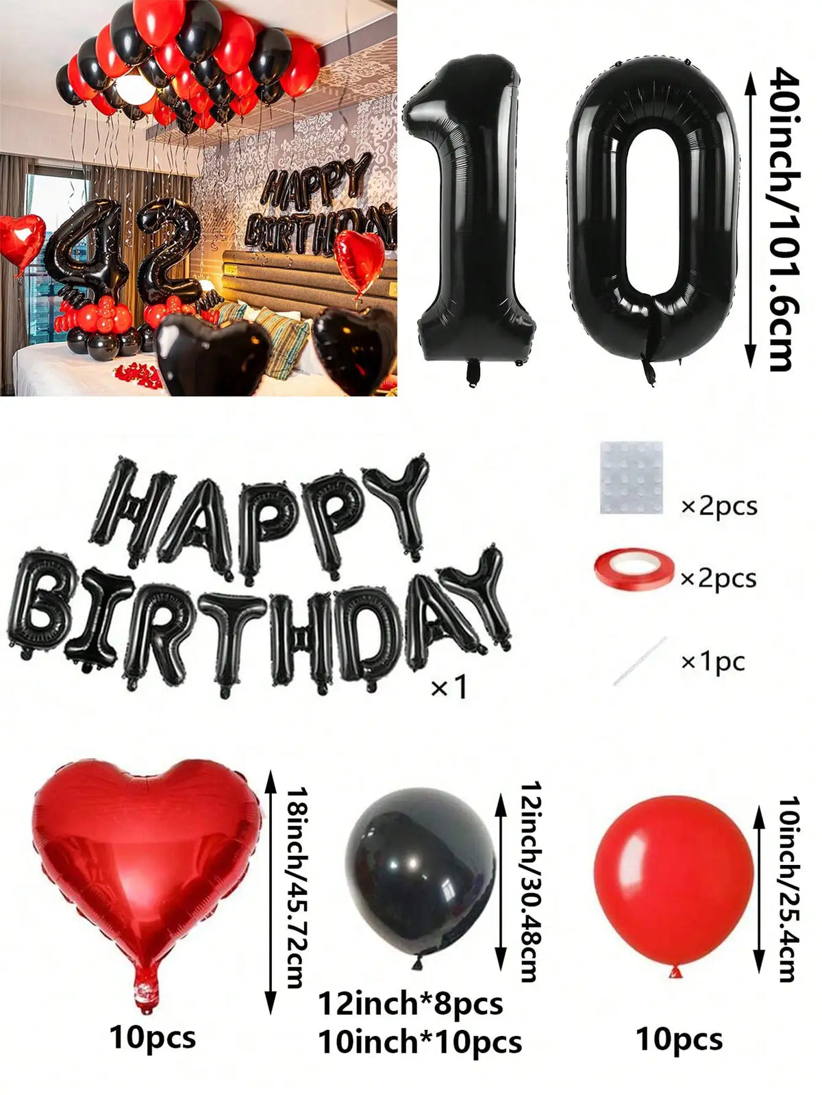 A set of red and black foil number balloons, heart shaped balloons, and round balloons for birthday decorations.
