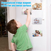 A young boy is placing a personalized fridge magnet onto a white door, demonstrating the product's use on a metal surface.