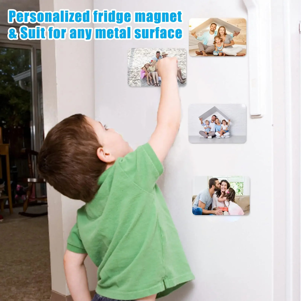 A young boy is placing a personalized fridge magnet onto a white door, demonstrating the product's use on a metal surface.