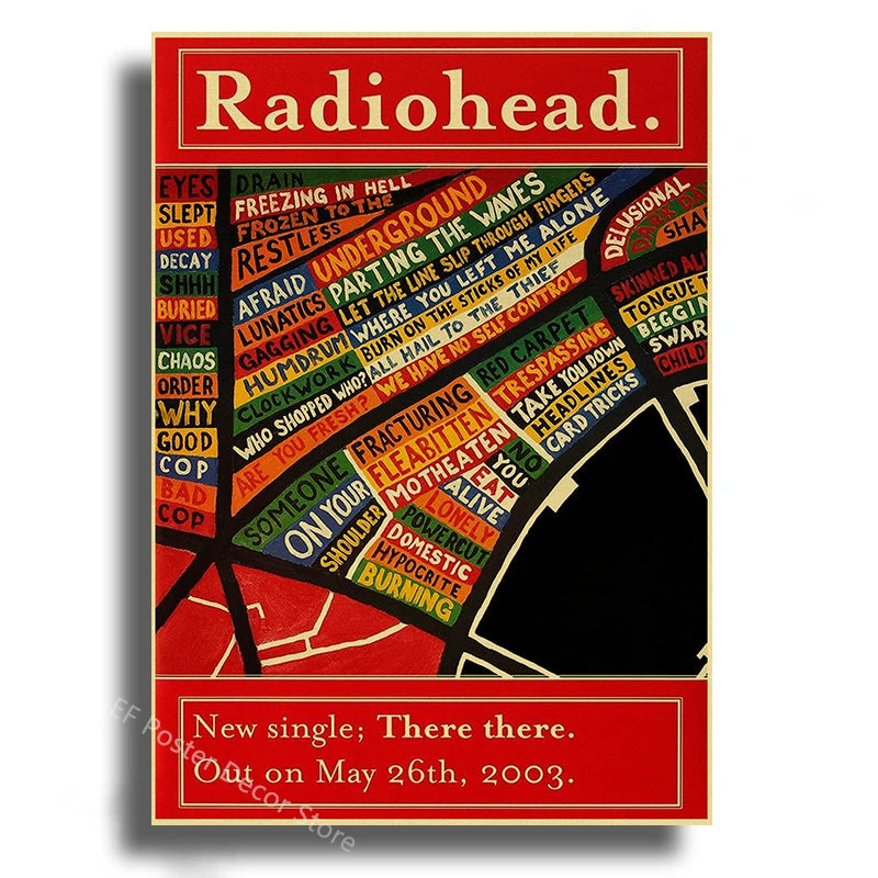 Poster for the Radiohead new single There there featuring a distressed, red and black design.
