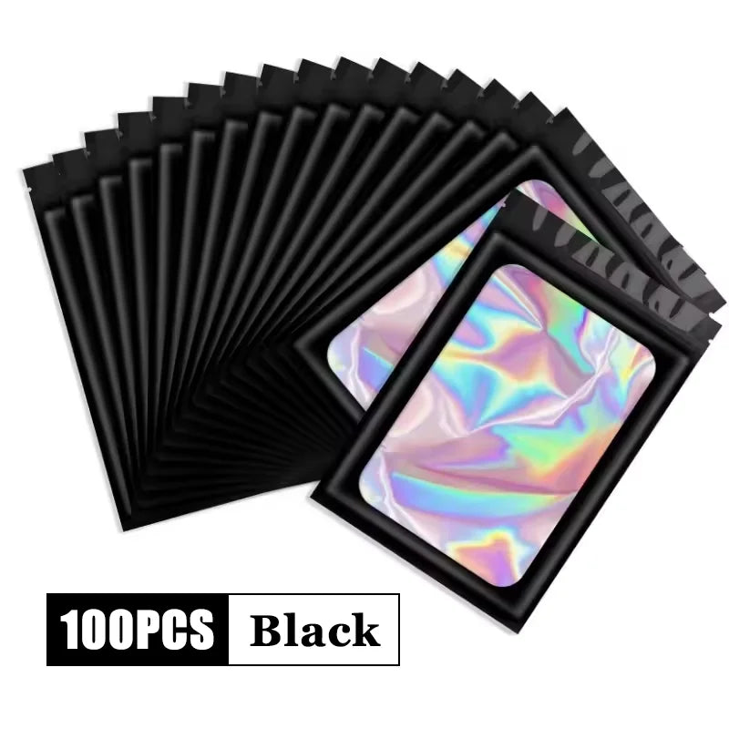 A fan of black holographic ziplock bags for jewelry and small item storage