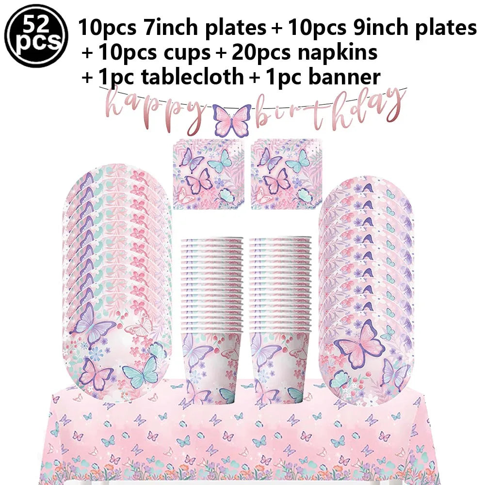 Butterfly Party Supplies Disposable Tableware Set for Birthday & Baby Shower