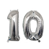 Silver foil number balloons shaped like the numbers 1 and 0 for a birthday party