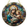 A stained glass style acrylic suncatcher depicting the Virgin Mary holding the infant Jesus.
