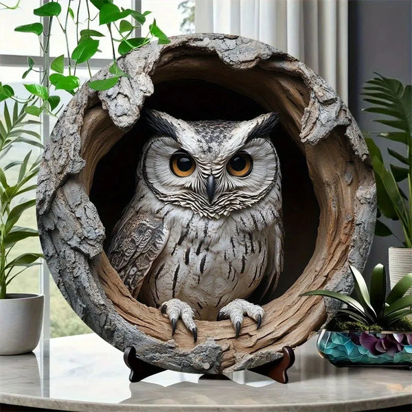 A realistic owl statue carved into a hollowed-out tree trunk used as vintage animal metal wall decor.