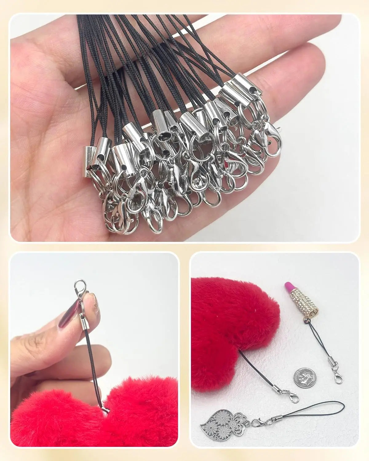 Silver lobster clasp lanyards and straps for jewelry making with red faux fur accents