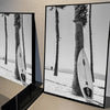 Black and white poster featuring a palm tree beach landscape with tall palm trees.