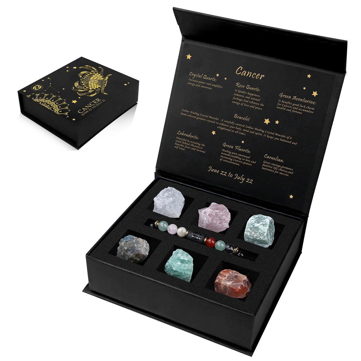 A black gift box containing natural stone zodiac bracelets for Cancer, Leo, and Aries signs.