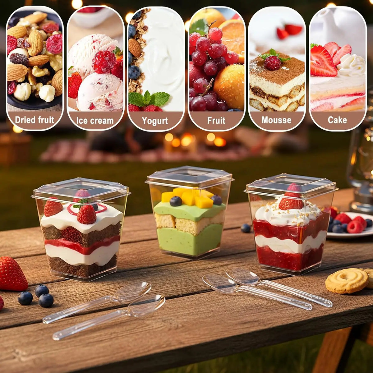 A display of various desserts in clear plastic cups with lids and spoons, including ice cream, yogurt, fruit, mousse, and cak