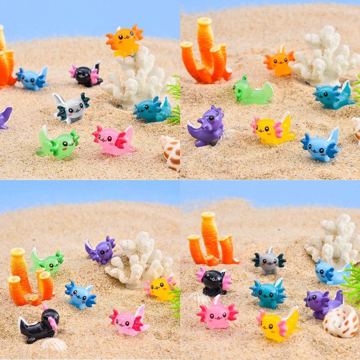 A collection of colorful mini resin axolotl figurines in various shades and poses scattered on sand.
