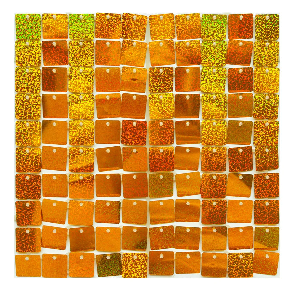 A grid of square, glittery orange and gold wall backdrop panels.
