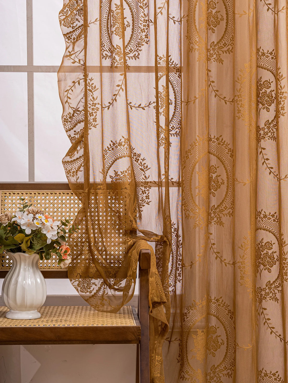Vintage Golden Floral Lace Sheer Curtains with Ruffled Edge
