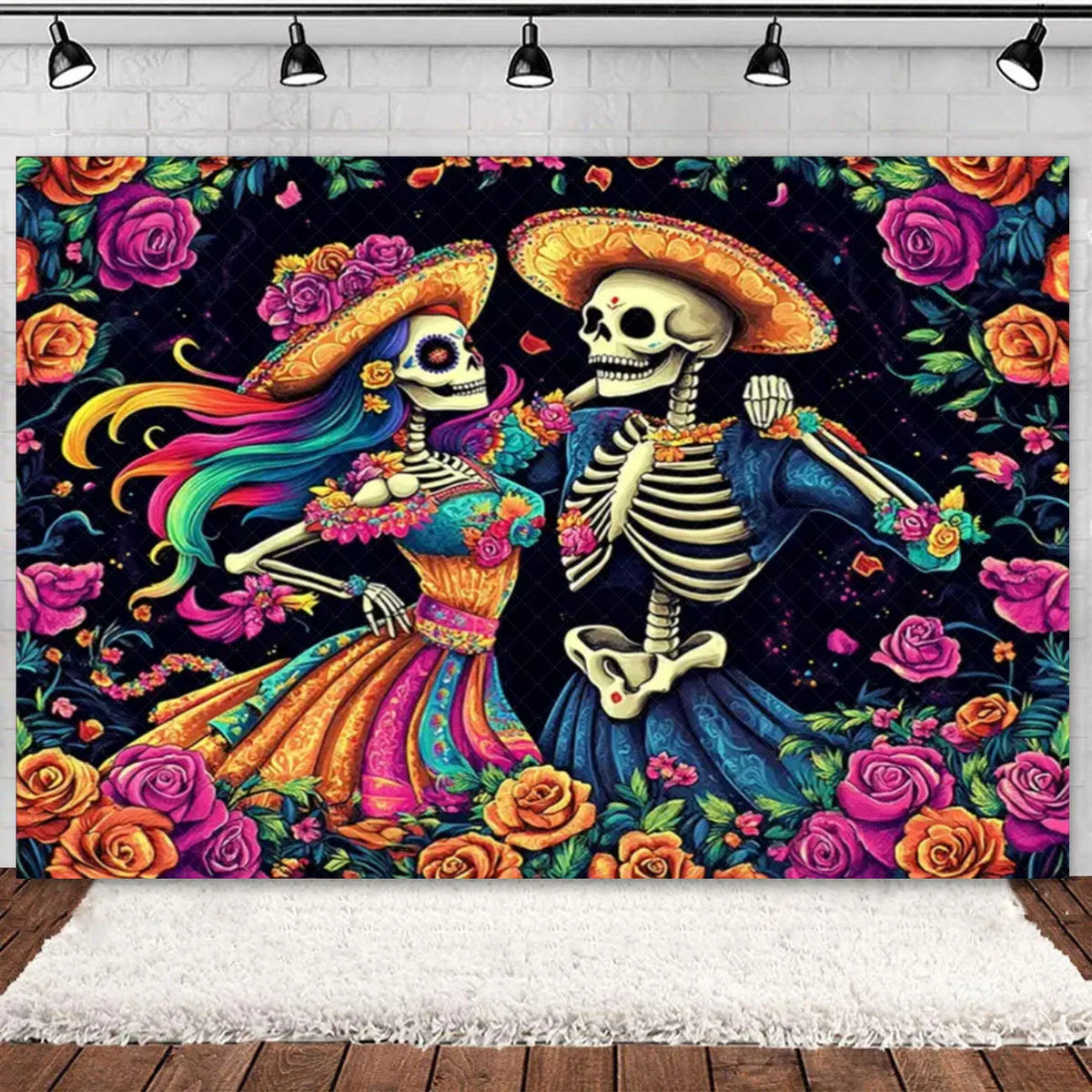 Day of the Dead Skeleton & Floral Backdrop for Party Photo Booth