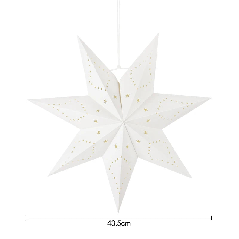 A white, five-pointed star pendant light with gold star accents.