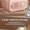 A pink piggy bank with a keypad and coin slot is shown in a close-up view.