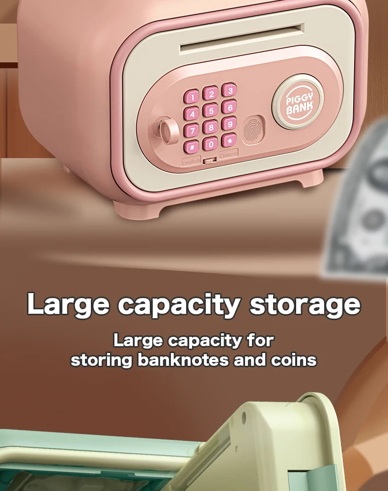 A pink piggy bank with a keypad and coin slot is shown in a close-up view.
