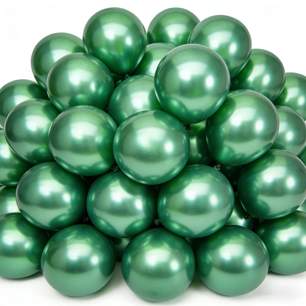 A close-up view of a 50-pack of chrome metallic green balloons used for celebrations.