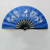 Blue traditional bamboo folding fan featuring yin-yang symbols and dragons for martial arts or fitness