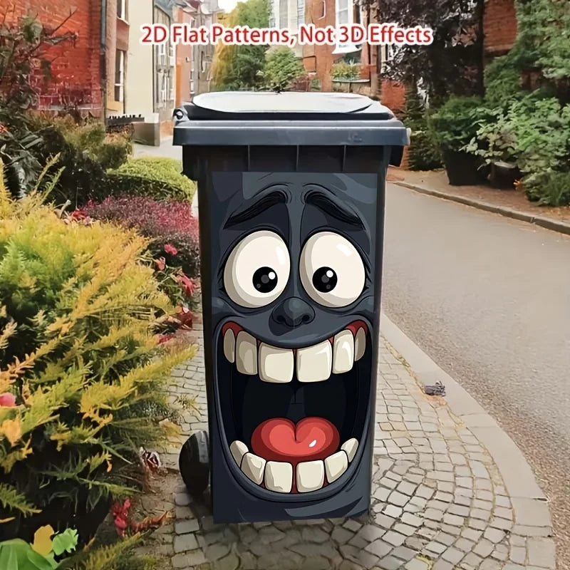 Une poubelle conçue pour ressembler à un visage de dessin animé amusant avec de grands yeux et une bouche ouverte.
