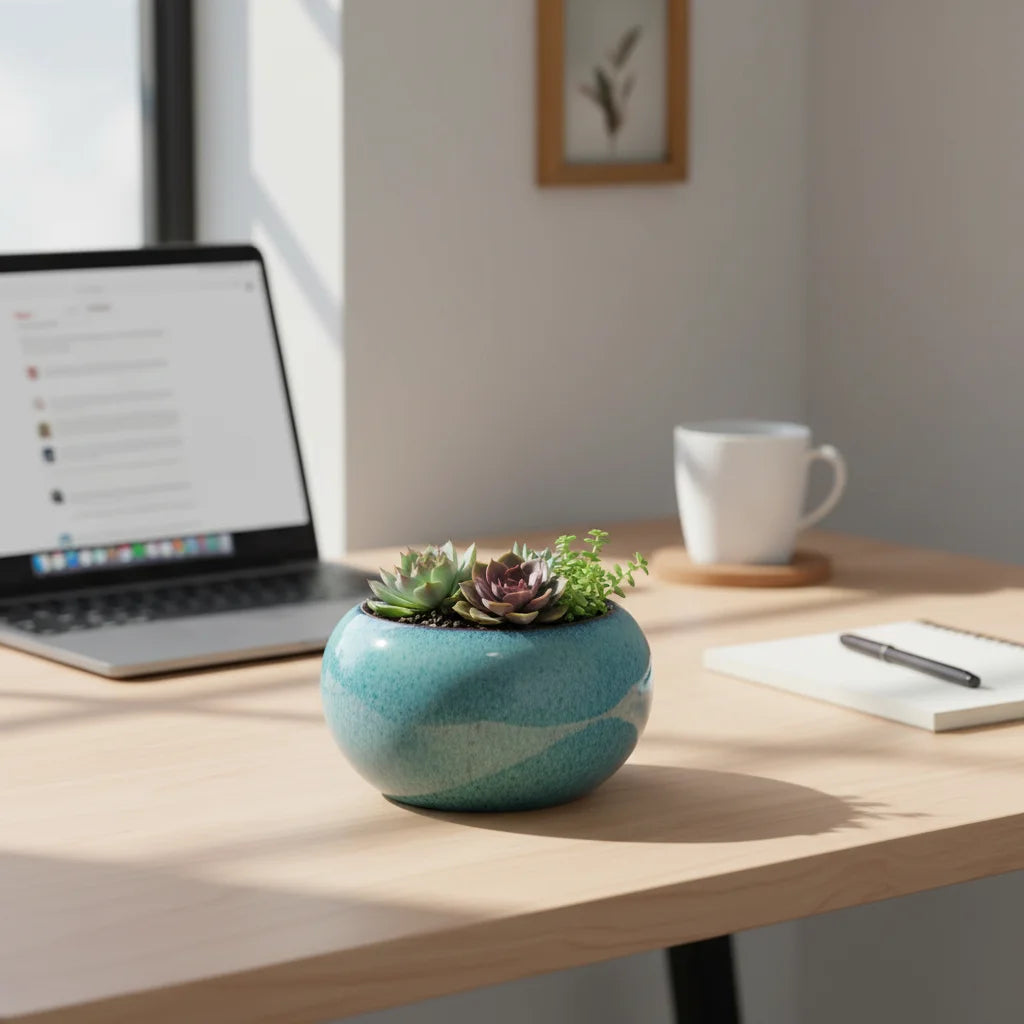 Maceta de suculenta esférica azul vidriada de cerámica sobre un escritorio de madera junto a una laptop y una taza blanca.