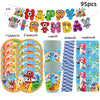 A set of 95 plastic party decorations including alphabet letters, animal faces, and various themed items for a birthday party