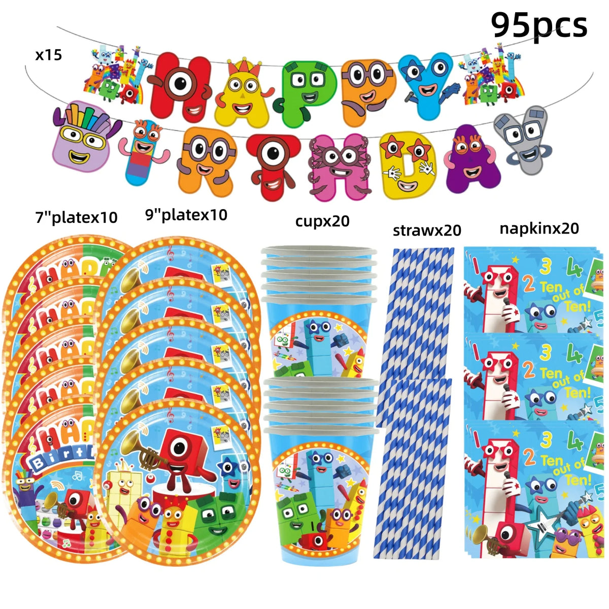 A set of 95 plastic party decorations including alphabet letters, animal faces, and various themed items for a birthday party