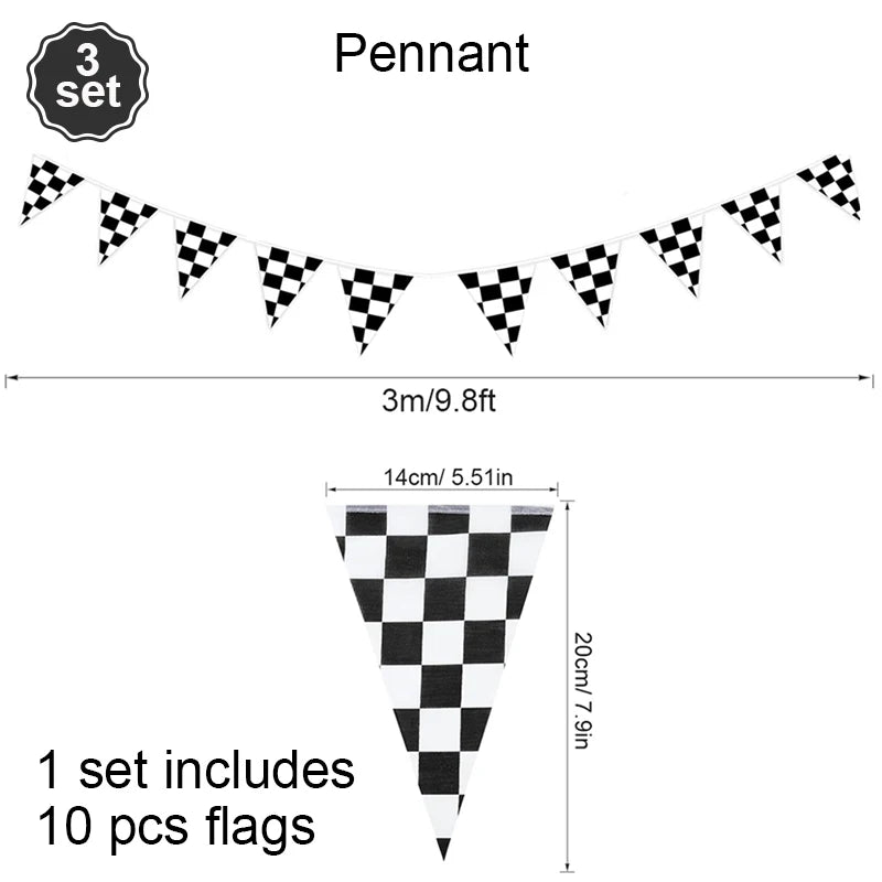 Un drapeau de bannière à motif à damier noir et blanc, avec un ensemble de 10 drapeaux.