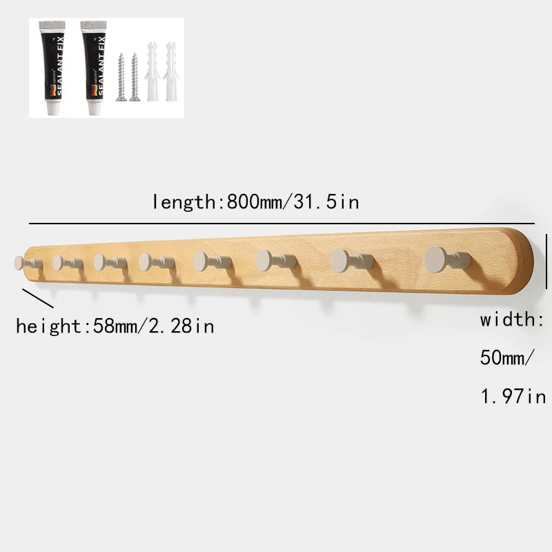 Solid beech wood wall hook rack with four hooks shown next to various nail and hook types.