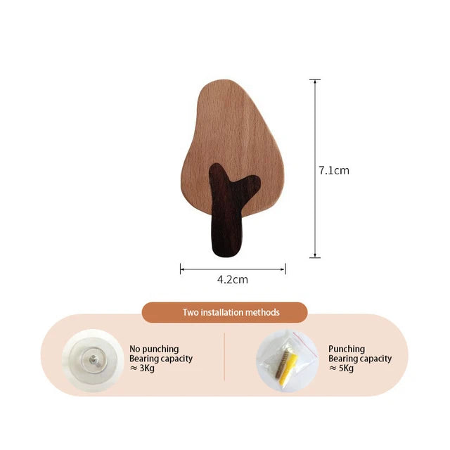 A wooden animal hook with a curved shape shown next to its dimensions and installation capacity details.