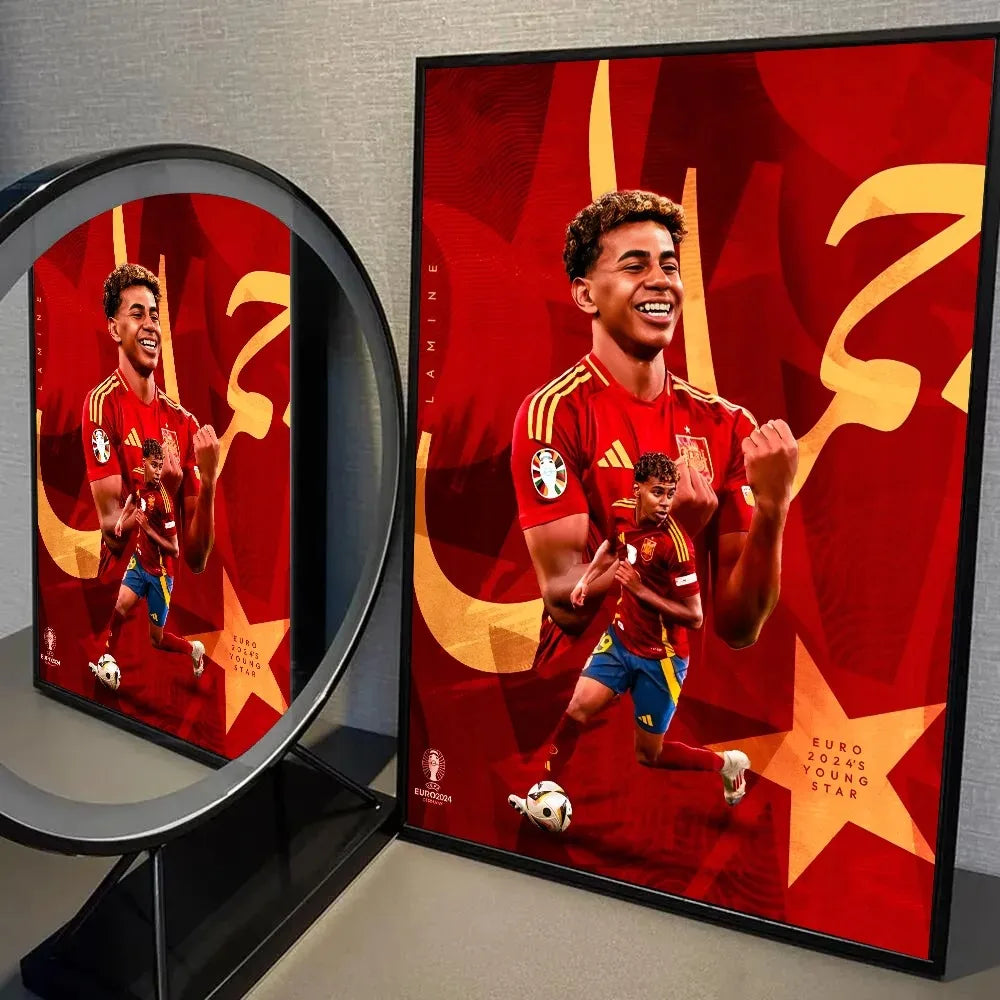 A framed canvas wall art print featuring Lamine Yamal celebrating a goal in a red and gold football kit.