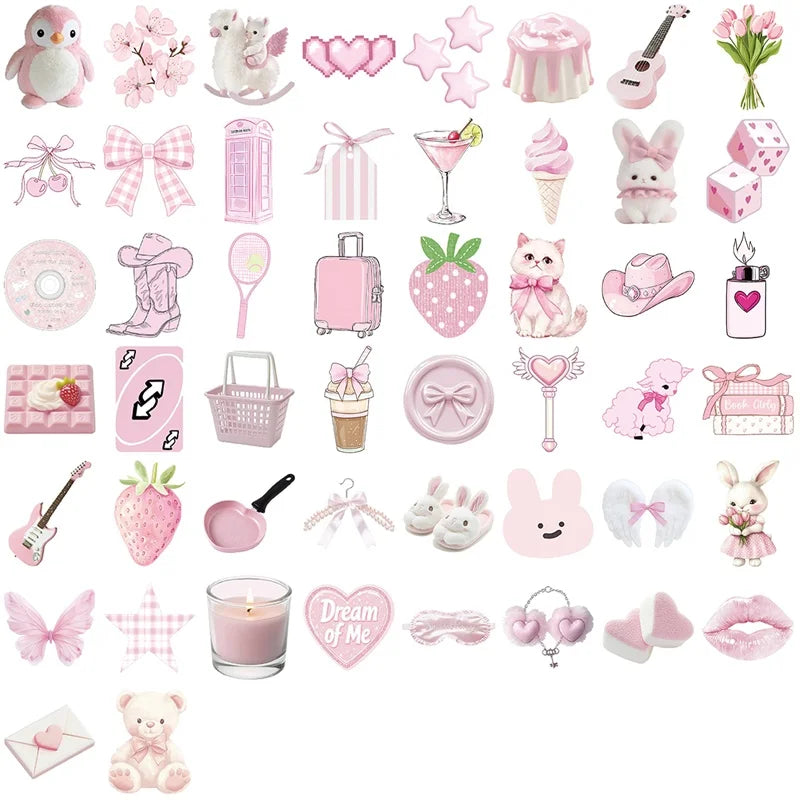 A collection of cartoon pink PVC stickers featuring various cute characters, food items, and decorative elements for DIY craf