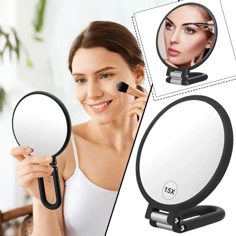 A woman holds a precision dual-magnification handheld mirror, showing both the full mirror and a close-up magnification view.