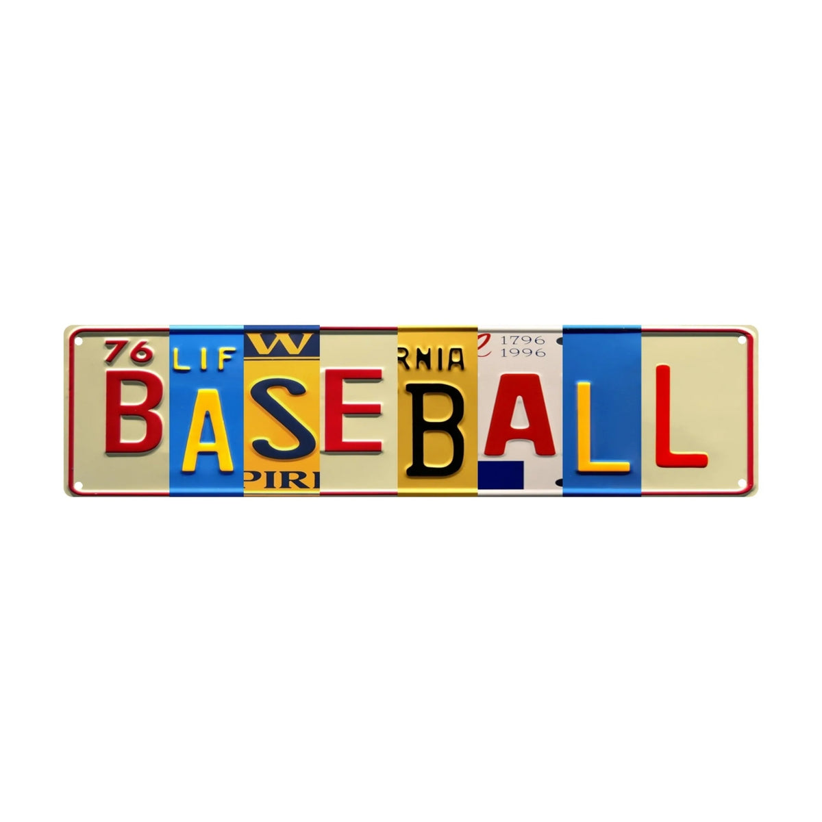 Vintage lowrider metal tin sign with the word BASEBALL in various colors and text.