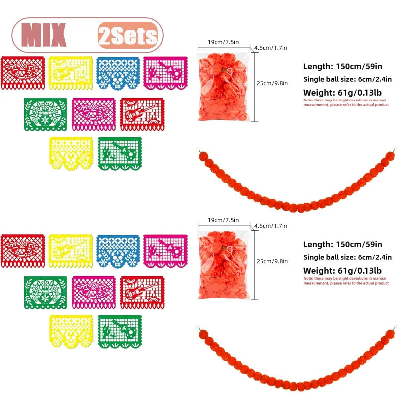 A set of pink and green papel picado bunting banners for Mexican celebrations, showing dimensions and weight details.