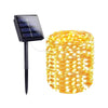 A solar panel and a string of bright yellow fairy lights are shown.