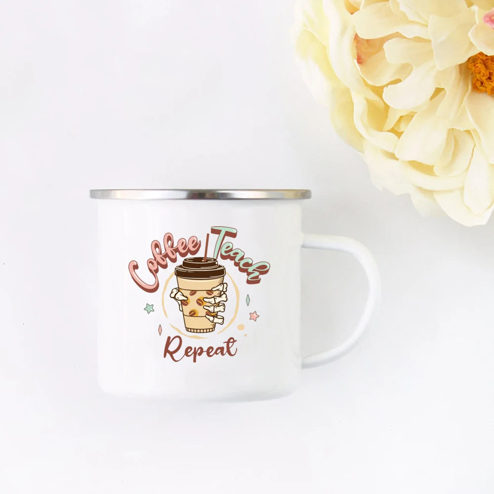A white enamel mug with a design featuring coffee, a teacher, and the word repeat in pink and orange script.