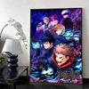 Wall art featuring a dramatic illustration of Jujutsu Kaisen characters in vibrant colors and calligraphy style.