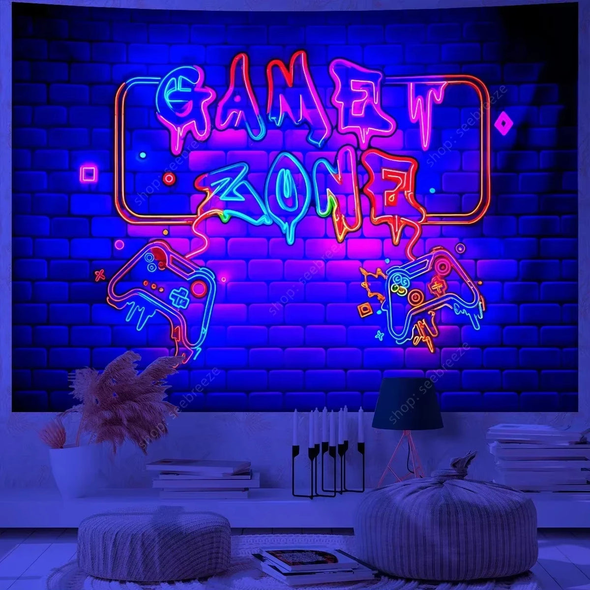 A vibrant neon sign featuring the text GAMET ZONE displayed on a brick wall background.