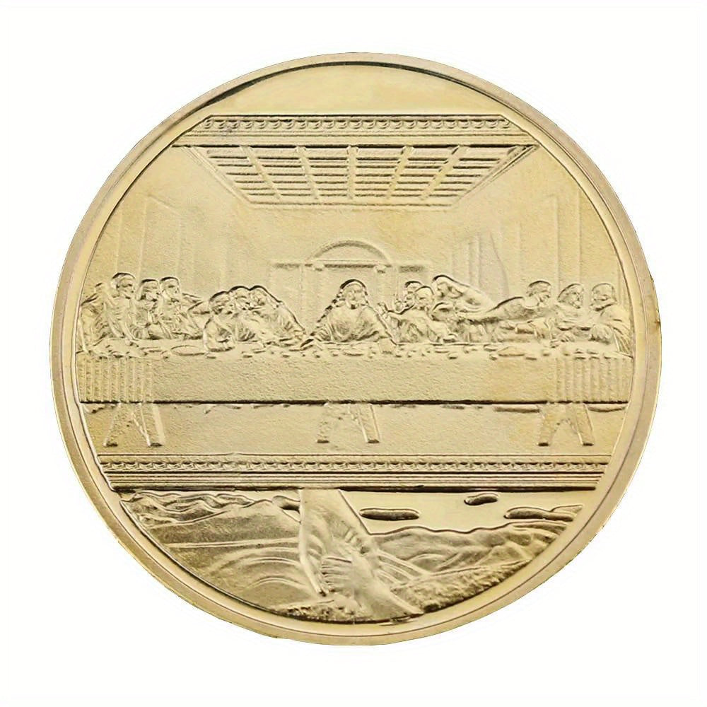 A round gold-plated commemorative coin featuring a relief sculpture of the Last Supper.